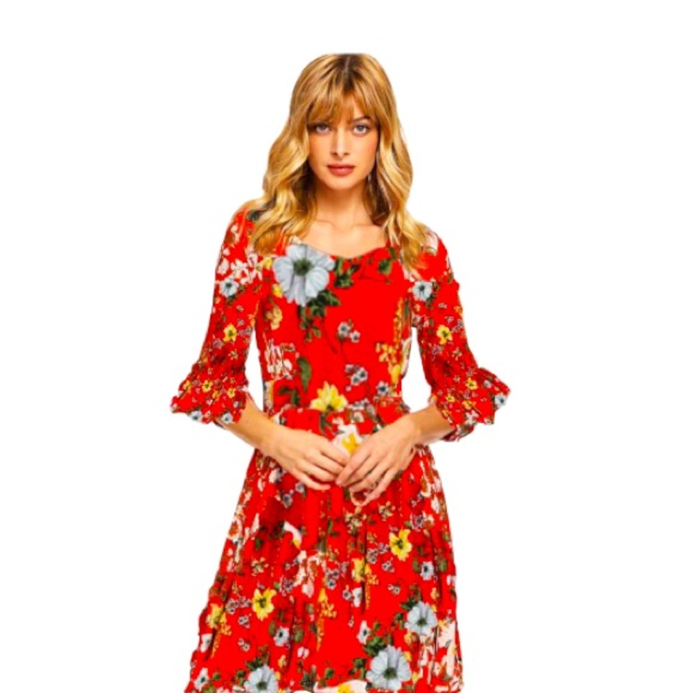 Dress floral ruffles bell sleeves shift midi dress red yellow gray fashion